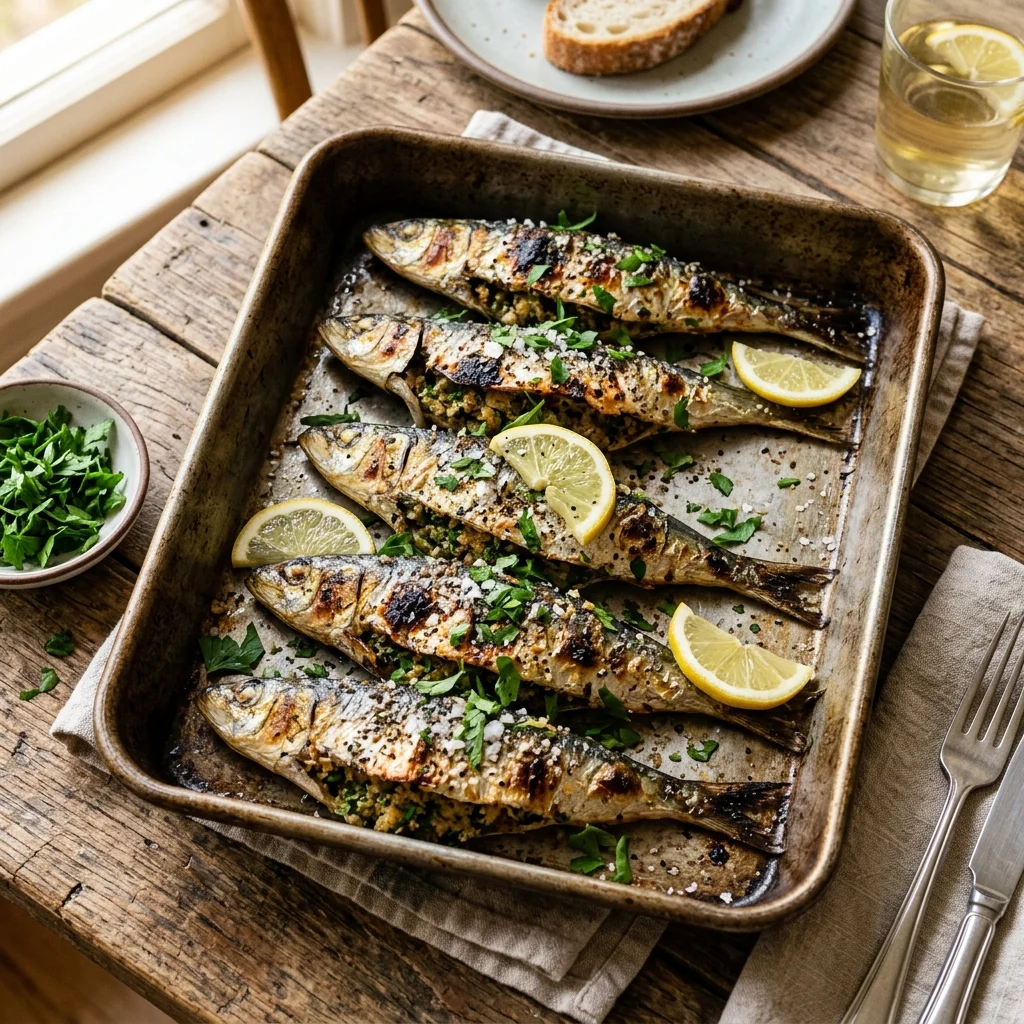 Sardinha Assada com Recheio de Ervas e Alho